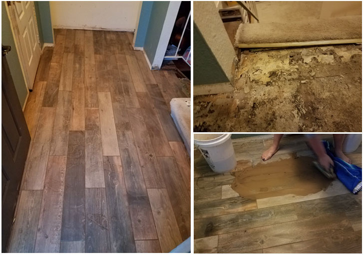 Entryway makeover wood look tile installation.